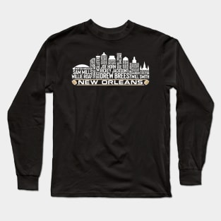 New Orleans Football Team All Time Legends, New Orleans City Skyline Long Sleeve T-Shirt